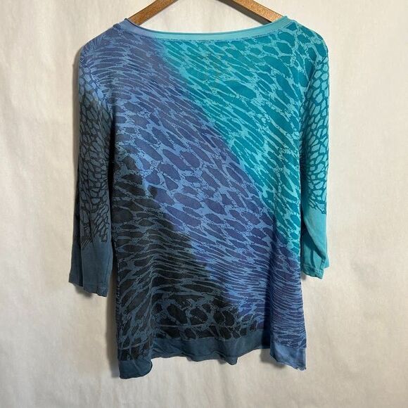 GLIMA Top Womens L Blue Zebra Animal Print 3/4 Sleeve 100% Cotton Scoop Neck - Picture 3 of 9